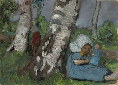 Child with Doll Sitting by Birch Trunk by Paula Modersohn Becker